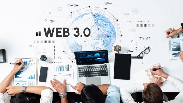 Diverse Team Collaborating on Innovative Web 3.0 Project with Global Connectivity and Data Insights on Modern Workspace. Entropy.
