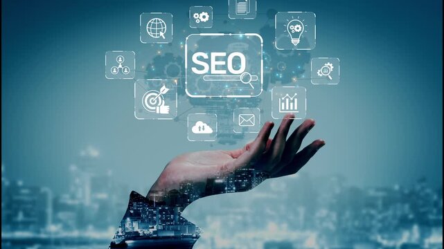 SEO concept for improving SEO visibility, with SEO related digital tools and SEO performance icons shown in an focused layout for strategic marketing. Muxer