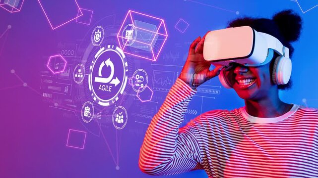 Woman in Virtual Reality Headset Engaging with Digital Agile Concepts and User Interface Abstract Background. Entropy.