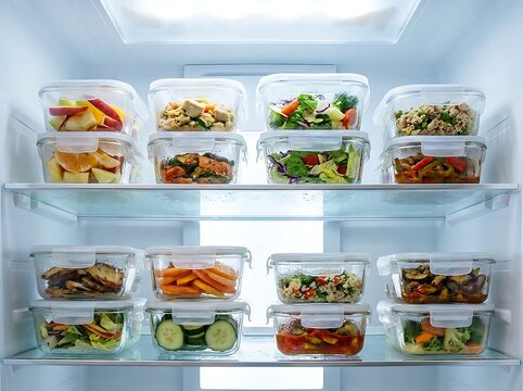 Clear plastic containers with healthy meal prep food stored on shelves inside a home refrigerator. bspill proof container