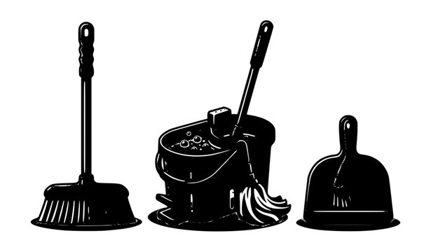 Create a modern flat vector collection of household cleaning supplies featuring a broom, mop, bucket, dustpan, scrub brush, floor squeegee, and cleaning accessories. Give each item a distinct silhouet