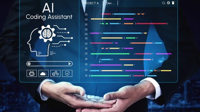 Hands Holding Futuristic AI Coding Assistant Interface with Colorful Code Lines and Brain Graphic in Dark Urban Background. Entropy.