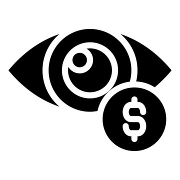 Professional vector icon representing ads revenue through impressions and digital views, featuring a solid eye symbol combined with a dollar currency coin for monetization and profit growth.