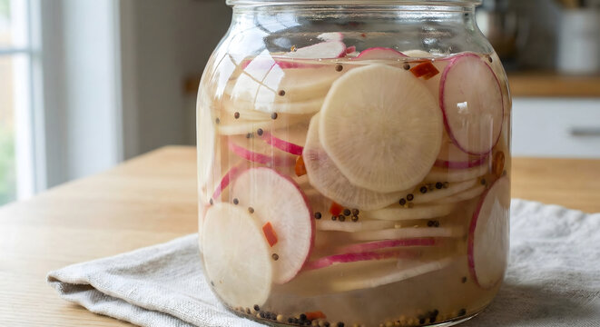 Pickled radish slices in large glass jar with spices and brine standing on wooden table in bright kitchen interior transparent filled sliced white red radishes immersed clear pickling