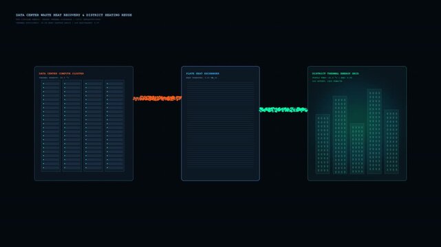 Technical ESG animation of data center waste heat recovery. Warm thermal discharge from server racks is captured through an industrial heat exchanger and repurposed into clean district heating and the
