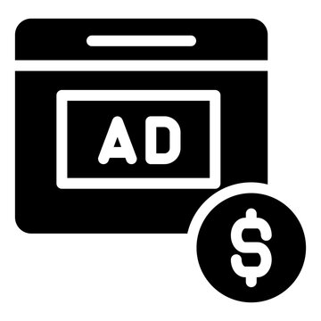 Solid digital advertising revenue icon illustrating a web browser interface with an ad banner and a dollar coin symbol, representing online monetization, pay-per-click marketing, and profit.