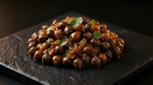 Delicious Chana Masala Indian Chickpea Curry Dish Served on a Dark Textured Plate with Fresh Cilantro Garnish Aromatic and Flavorful Vegan Meal appetizing image captures generous serving