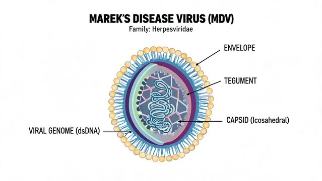 Marek's Disease Virus (MDV) structure medical illustration, labeled diagram of avian herpesvirus anatomy