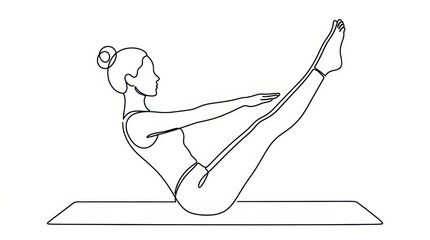 Obraz premium Minimalist Continuous Line Drawing of a Woman Practicing Yoga Boat Pose on a Mat for Wellness and Fitness