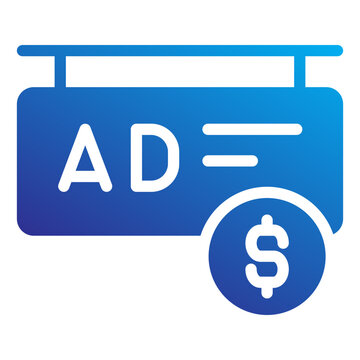 Professional advertising revenue icon featuring a blue gradient billboard with an AD text and a dollar currency symbol, representing digital marketing monetization and business income growth.