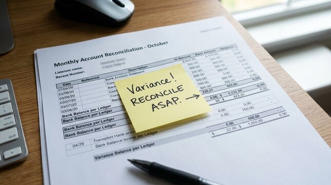 Reconciliation variance flagged with a yellow sticky note for bookkeeping reconciliation and accounting concept