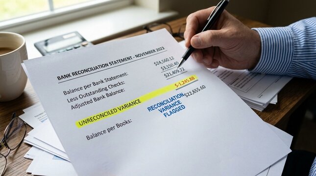 Reconciliation variance flagged on a printed statement for finance audit and reconciliation process concept