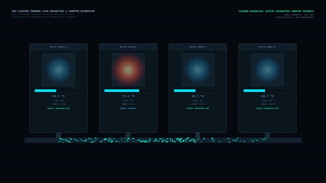 Technical data visualization of thermal load balancing across four AI accelerator GPU modules. Shows compute overload migration across high-speed fabric bus, cooling the hot node and achieving thermal