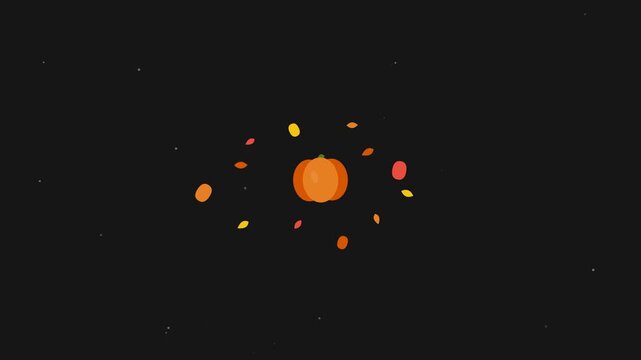 Animated orange pumpkin with swirling colorful autumn leaves on black background for fall holidays