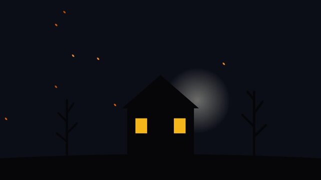 Minimalist Animation of a House Silhouette at Night with Rising Full Moon and Glowing Windows