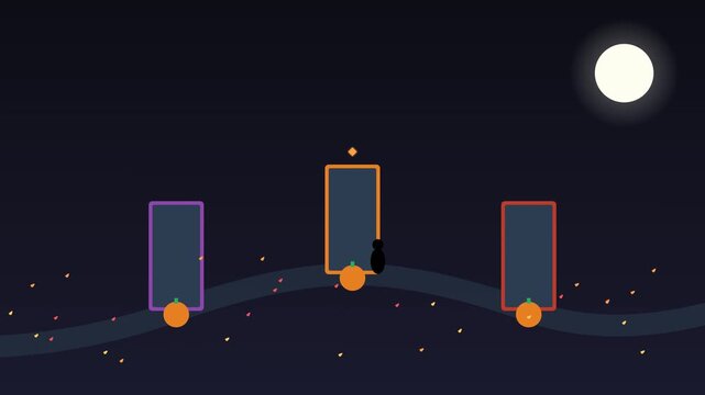 Minimalist 2D Animation of a Silhouette Character Traveling Through Glowing Portals Under Full Moon