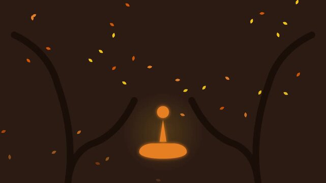 Minimalist Autumn Animation Featuring Falling Leaves and a Glowing Liquid Drop on a Dark Background