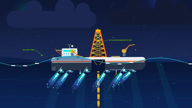 2D vector animation explaining dynamic positioning system of an offshore drilling rig featuring active motion damping, hydro-acoustic bottom track, blowout preventer and reactive counter-thrust