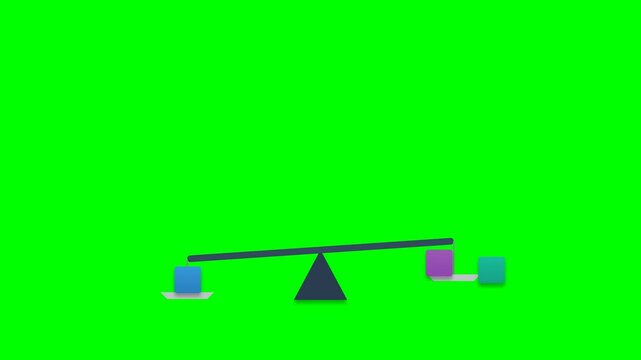 Minimalist 2D Animation of Balance Scale with Cubes Reaching Equilibrium on Green Screen Background