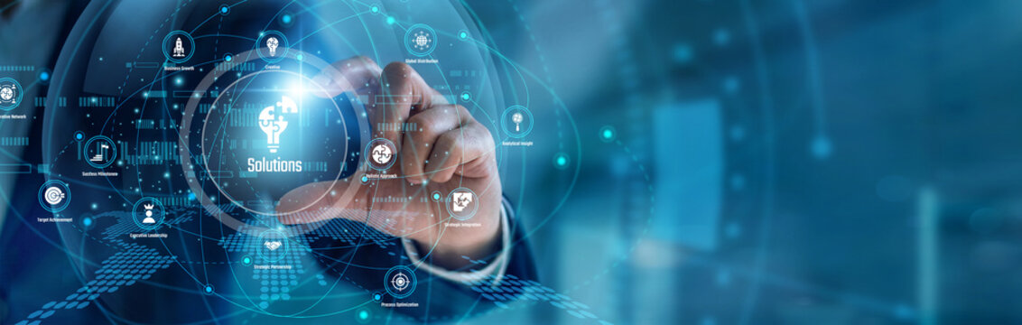 A tech consultant handhold Solutions architecture. Strategy advisor using tools mapping client requirements and custom product integrations on enterprise screens. Smart corporate fixing.