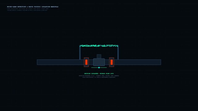 Industrial close-up animation of a high-pressure liquid cooling manifold. A micro-leak triggers rapid sensor detection, causing dual solenoid valves to instantly isolate the faulty segment and reroute
