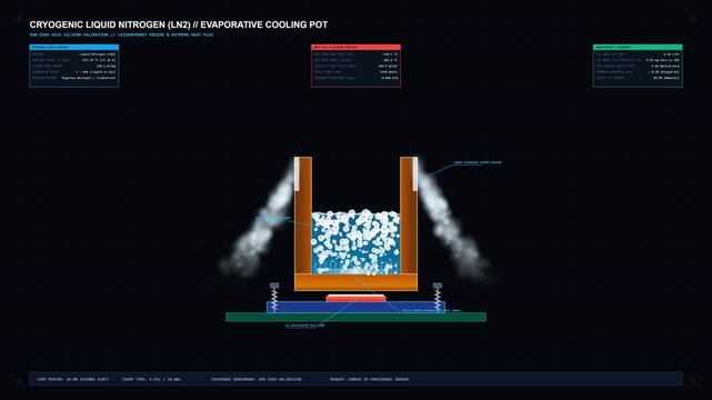 Technical cross-section visualization of a CNC copper liquid nitrogen evaporative pot for extreme sub-zero silicon validation, featuring nucleate boiling, Leidenfrost vapor dynamics, cascading cold fo