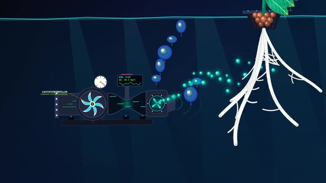 Animated diagram of a hydroponic oxygenation system showing a cavitation impeller creating nano bubbles that dock onto plant roots to stimulate lateral root growth and plant flourishing