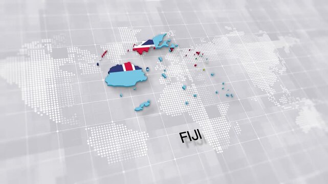 Fiji map with national flag on white digital world map background, global political, geographic border for international news concept with minimal background