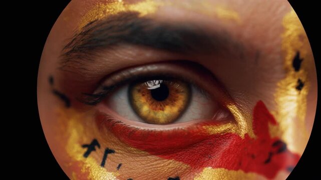 Extreme macro photorealistic footage of a fictional adult male rugby player's eye, rich gold amber iris with Spanish flag face paint
