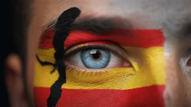 Extreme macro photorealistic footage of a fictional adult male rugby player's eye, bright blue iris with Spanish flag face paint