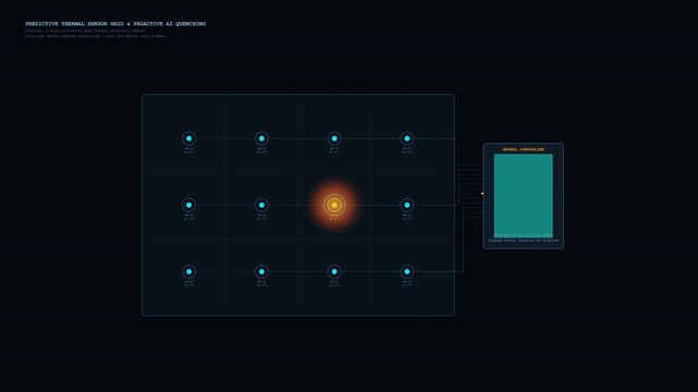 Technical animation of a predictive thermal sensor grid on a server processor. Illustrates pre-thermal gradient detection, signal telemetry to the central controller, and proactive micro-cooling respo