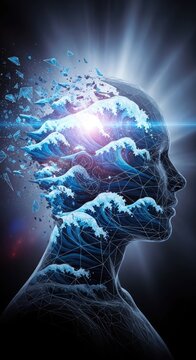 Surreal Digital Art Depicting Mind and Ocean Waves, Creative Concept.