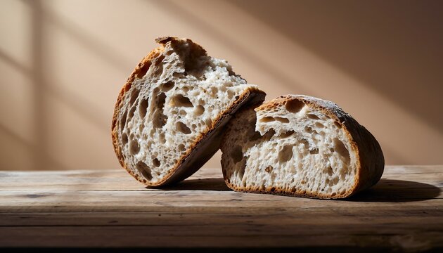 Two halves of a fresh sourdough bread loaf on a rustic wooden table
