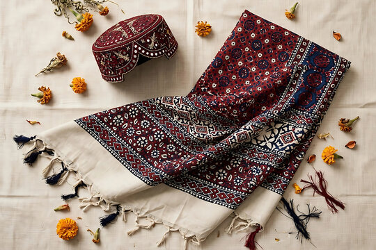 Sindhi Ajrak and Topi Flat Lay with Marigold Flowers
