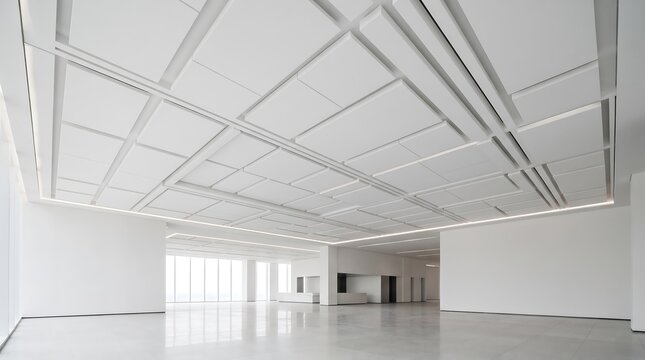 spacious modern minimalist commercial office hall interior with grid ceiling acoustic panels recessed LED strip lights and glossy white floor surface
