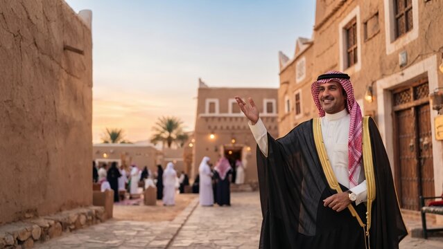 Smiling Saudi man in traditional bisht and ghutra welcoming guests in historic Diriyah village at sunset. 