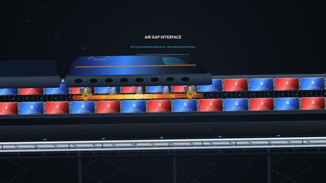 Educational animation explaining the physics of eddy current brakes and electromagnetic retardation in high speed modern trains featuring magnetic flux and Lenz's law
