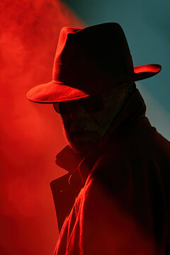 Film noir style man in a fedora hat silhouetted against red neon lights.