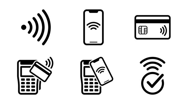 Contactless payment icon set featuring mobile wallet and credit card transactions for modern financial digital commerce