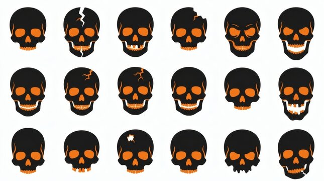 Black And Orange Two Tone Flat Vector Skull Shapes Cracks Features Collection

