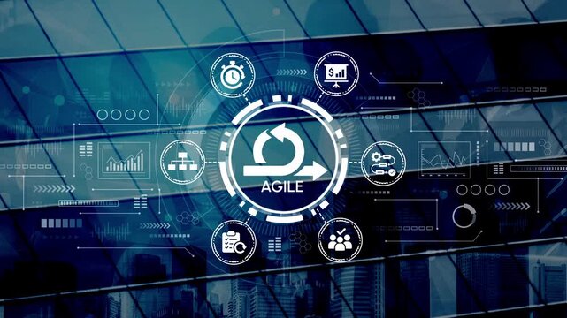 Agile Methodology Concept with Digital Icons on a Modern City Skyline Background Representing Business Efficiency and Project Management Techniques. Entropy.