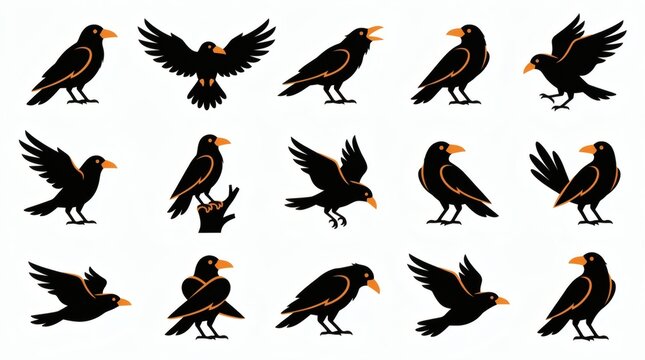 Black And Orange Two Tone Flat Vector Crow Raven Characters Poses Collection


