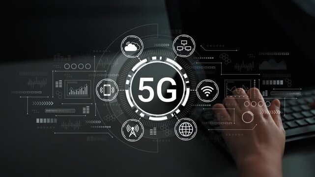 Futuristic hand typing on keyboard surrounded by 5G technology symbols and graphics illustrating connectivity, data exchange, and digital communication concepts. Entropy.