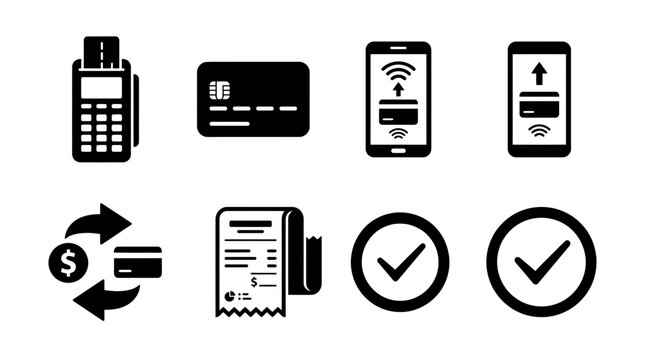 Set of modern payment processing icons featuring credit cards, mobile contactless transactions, receipts, and verification