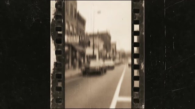 Vintage film strip footage showing a blurred old city street with sepia grain and scratches loop.