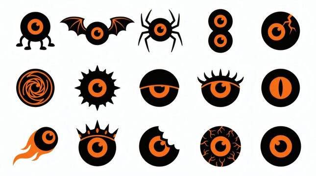 Black And Orange Two Tone Flat Vector Eyeball Eye Creature Designs Collection

