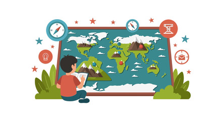 Fototapeta premium Child Learning Geography with World Map Vector Illustration