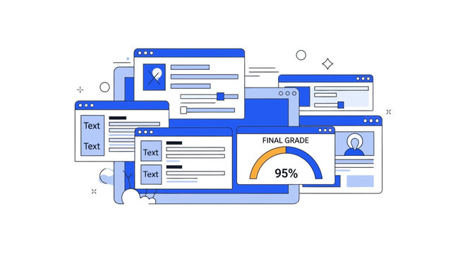 Online Education Dashboard Illustration with Final Grade Gauge and Multi-Window UI Design
