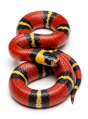 Fototapeta premium Vibrant Red Black and Yellow Coiled Milk Snake Isolated on White Background - Studio Portrait of a Colorful Reptile