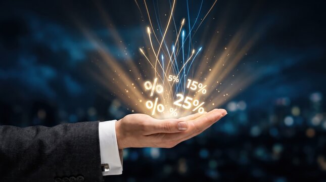 Businessman hand holding glowing percentage signs and financial data, symbolizing investment growth, interest rates, profit margins, and economic success in a futuristic digital concept.